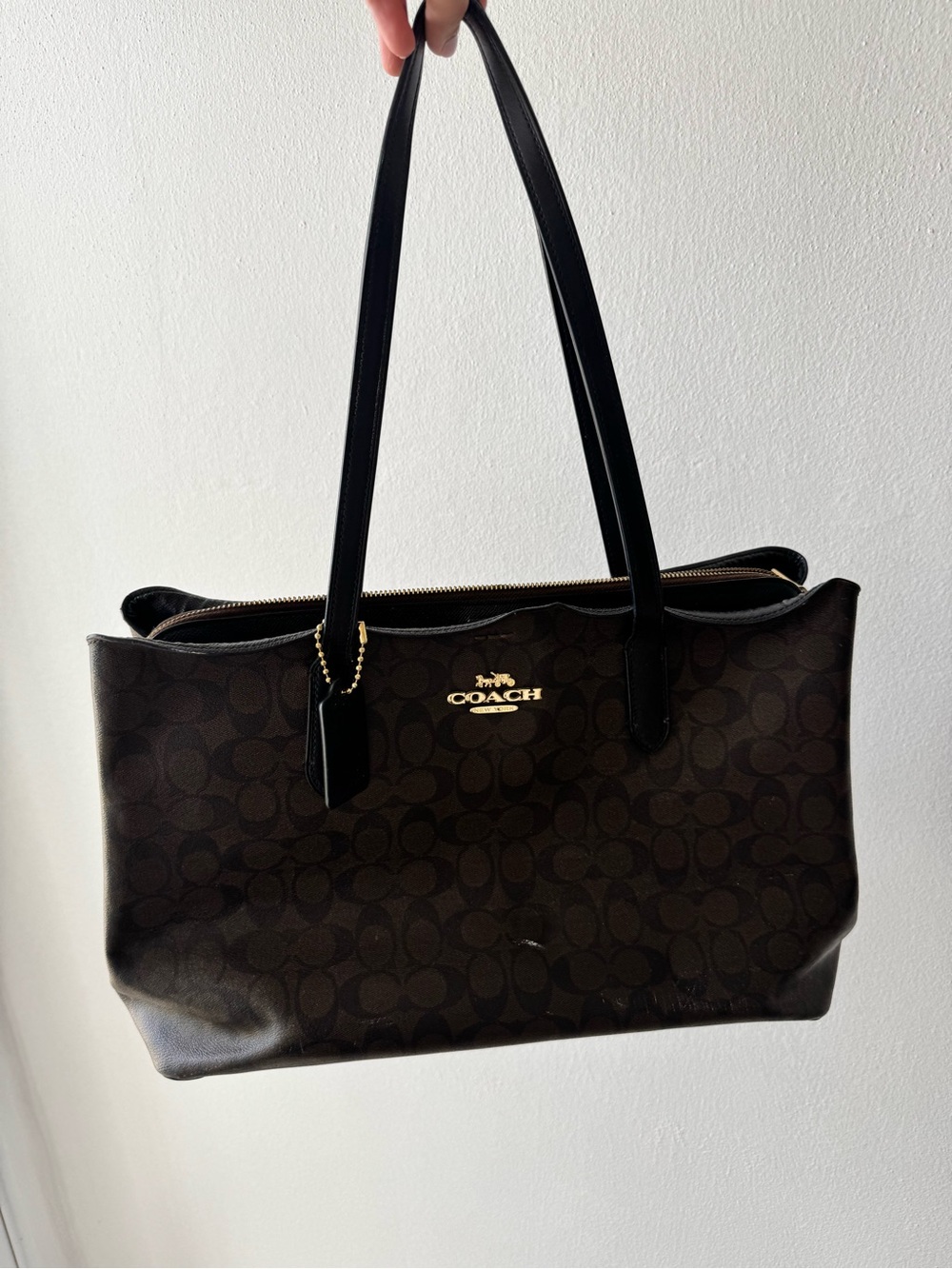 Coach Dark Brown Signature Canvas Tote with Black Straps